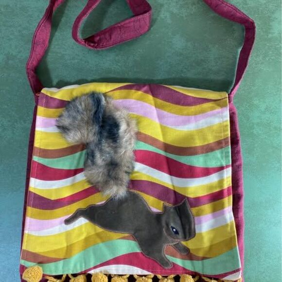 New *Handmade* Faux Fur Appliqué Squirrel Satin Lined 12"x12" Crossbody Bag - Picture 1 of 10